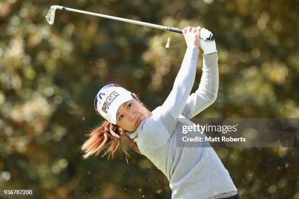 Asako Fujimoto of Japan hits her tee shot on the 2nd hole during the first round of the AXA Ladies Golf Tournament In Miyazaki at the UMK Country...