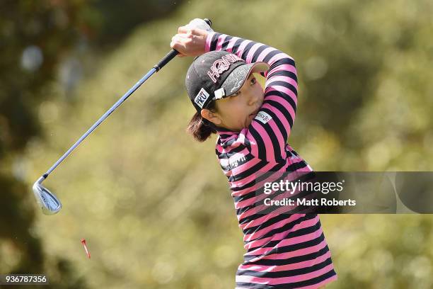 Ritsuko Ryu of Japan hits a hole in one on the 2nd hole during the first round of the AXA Ladies Golf Tournament In Miyazaki at the UMK Country Club...