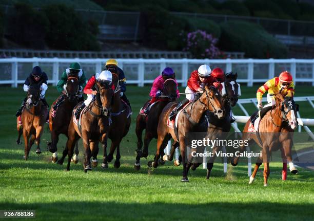 Mark Zahra riding Chess Star wins Race 1 during Melbourne Racing at Moonee Valley Racecourse on March 23, 2018 in Melbourne, Australia.