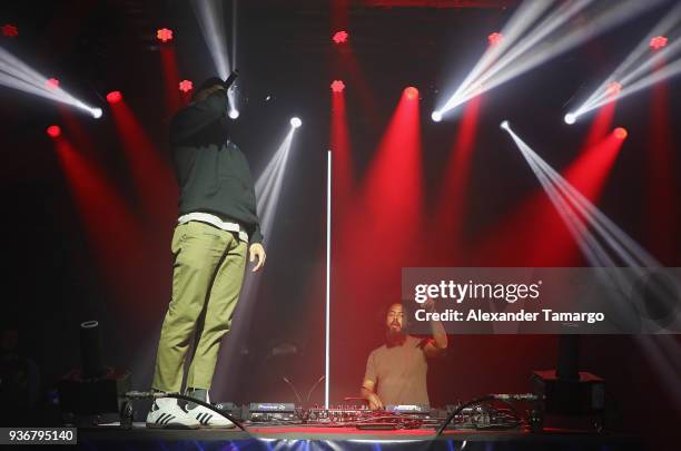 Diplo and Jillionaire perform on stage during the Diplo Launch of His Exclusive SiriusXM Channel Diplo's Revolution At The Faena Theater on March 22,...