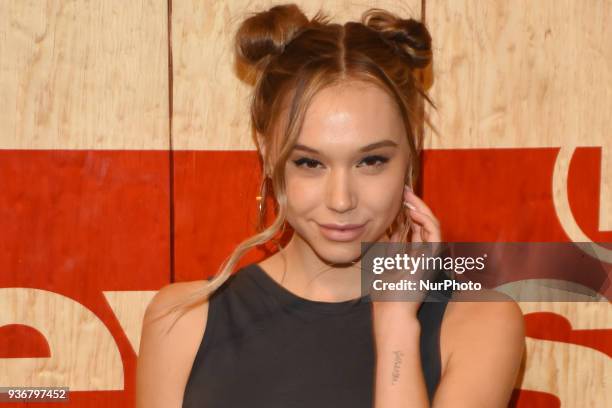 Model Alexis Ren is seen arriving at the red carpet for opening of the store Levi's in the Historic Center of the City of mexico on March 22, 2018 in...