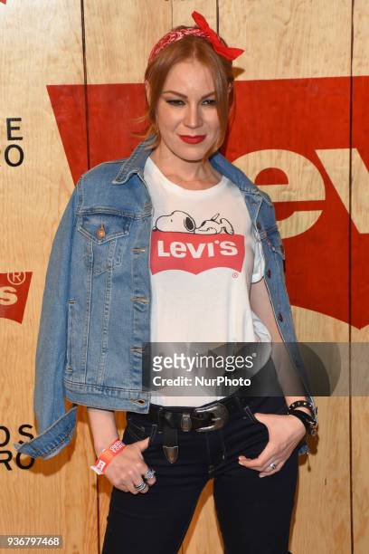 Singer Daniela Magun is seen arriving at the red carpet for opening of the store Levi's in the Historic Center of the City of mexico on March 22,...