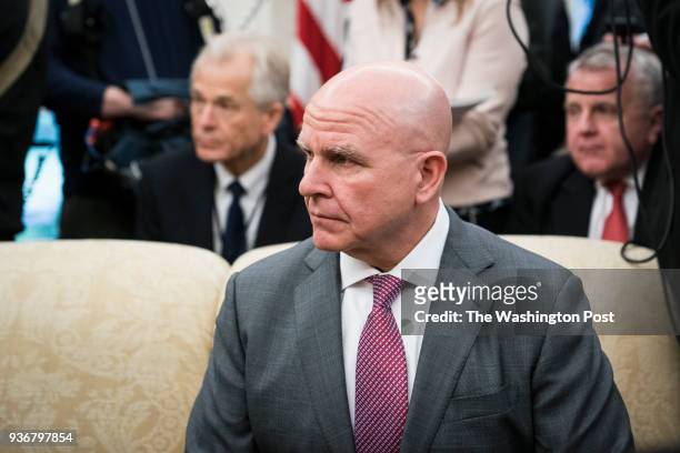 National Security Advisor H.R. McMaster listens as President Donald Trump speaks during a meeting with Crown Prince Mohammad bin Salman of the...