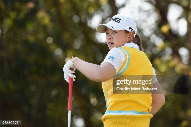 Himawari Ogura of Japan looks on during the first round of the AXA Ladies Golf Tournament In Miyazaki at the UMK Country Club on March 23, 2018 in...