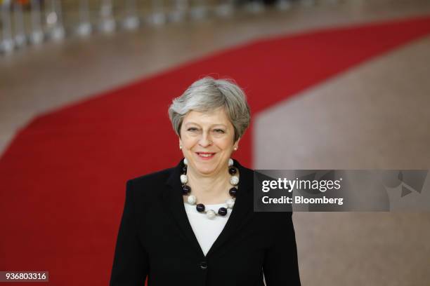 Theresa May, U.K. Prime minister, arrives for a summit of European Union leaders in the Europa Building in Brussels, Belgium, on Friday, March 23,...