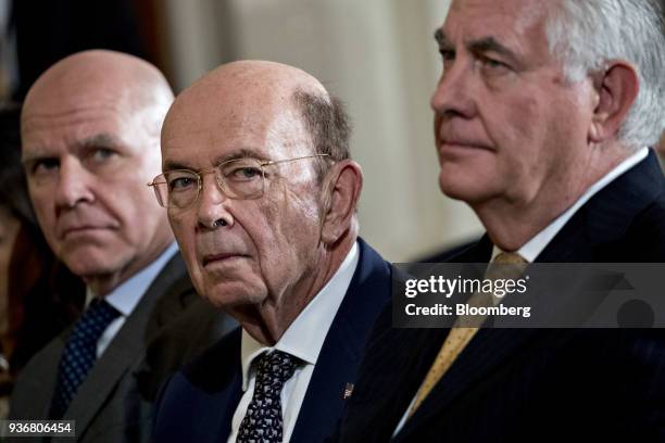 Rex Tillerson, U.S. Secretary of State, from right, Wilbur Ross, U.S. Commerce secretary, and H.R. McMaster, national security advisor, listen during...