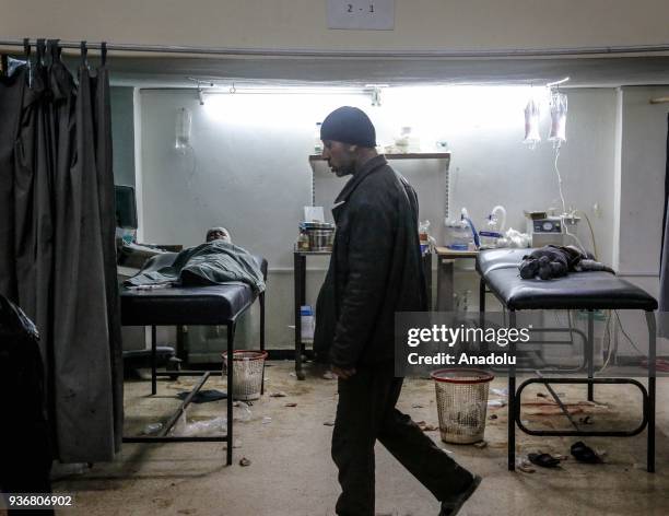 Syrian children injured in Assad Regime's ongoing attacks on Zamalka neighborhoods of the Eastern Ghouta region, receive medical treatment at a...