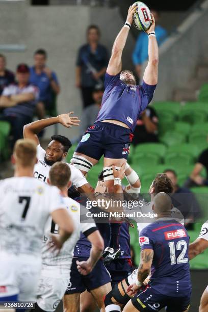 Geoff Parling of the Rebels catches the ball during the round six Super Rugby match between the Melbourne Rebels and the Sharks at AAMI Park on March...