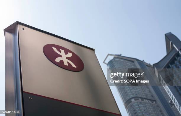 Hong Kong's MTR train company logo seen in Tsim Sha Tsui. Hong Kong is a city with 7.5 million population in 2017, it was a British Crown colony...