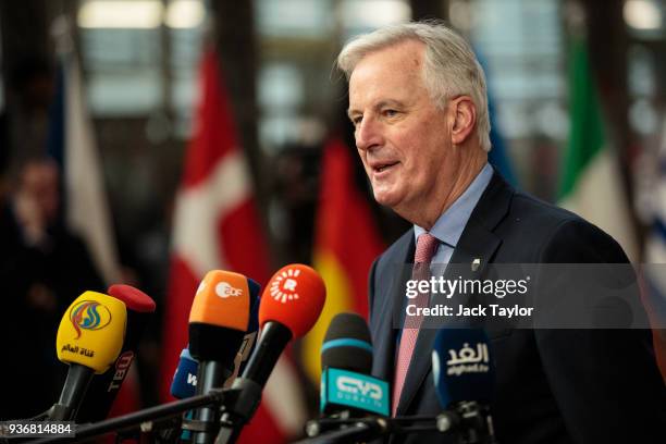 Chief negotiator for the European Union Michel Barnier arrives at the Council of the European Union on the final day of the European Council leaders'...