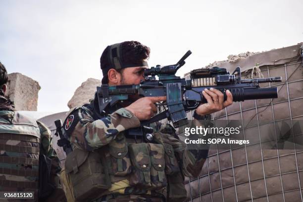 Afghan Commando peering through the scope of his M16 assault rifle, Farahrud Bazaar, Bolo Bluk district, Farah province. Afghanistans elite military...