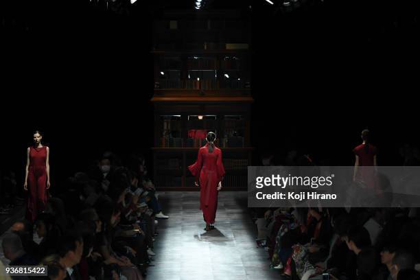 Model displays clothes by the designer Mori Hanae on the runway during the Amazon Fashion Week TOKYO 2018 A/W on March 23, 2018 in Tokyo, Japan.
