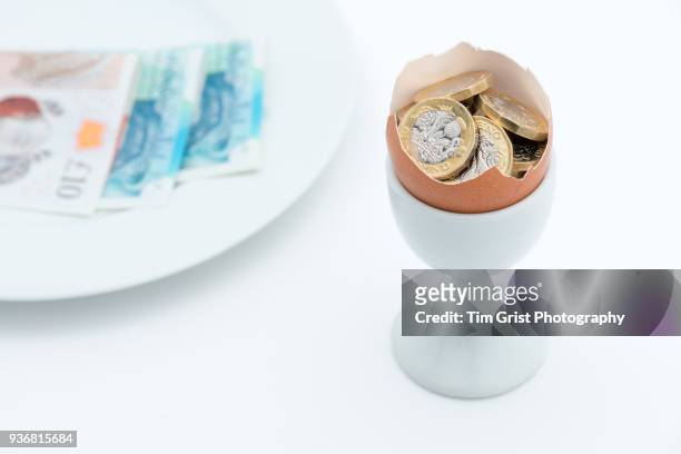 pound coins in an egg shell - tiopundsedel bildbanksfoton och bilder