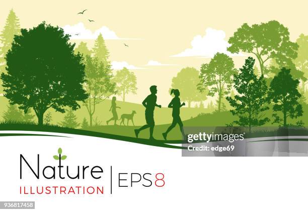 young people running in the park - woman running spring stock illustrations