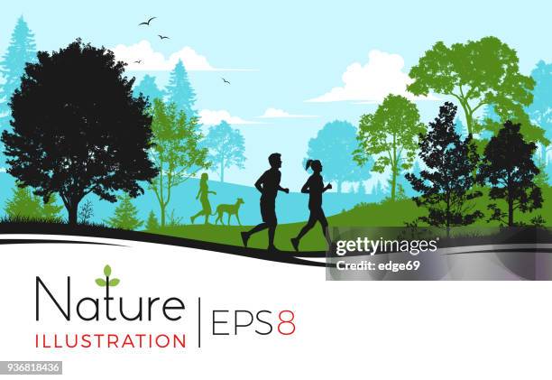 young people running in the park - woman running spring stock illustrations