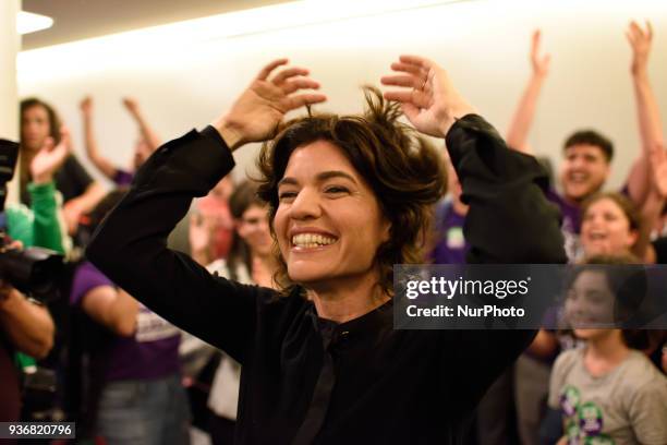 Tamar Zandberg, the new elected leader of Meretz Party, reacts with excitment, after being elected as the new party leader at a Meretz Party event...