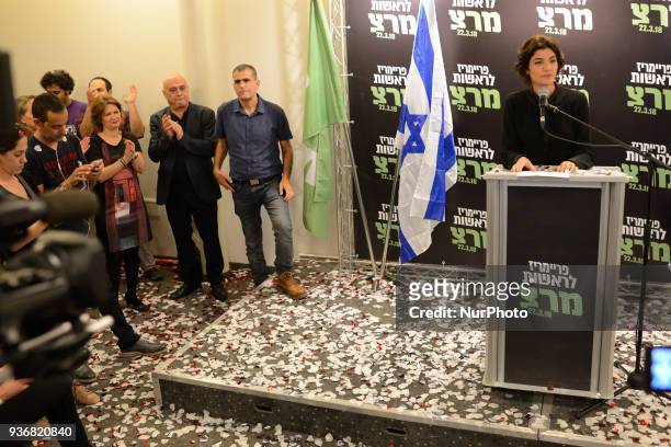 Tamar Zandberg, the new elected leader of Meretz Party, speaks to supporters after being elected as the new party leader at a Meretz Party event for...