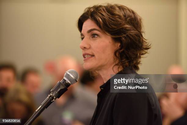 Tamar Zandberg, the new elected leader of Meretz Party, speaks to supporters after being elected as the new party leader at a Meretz Party event for...
