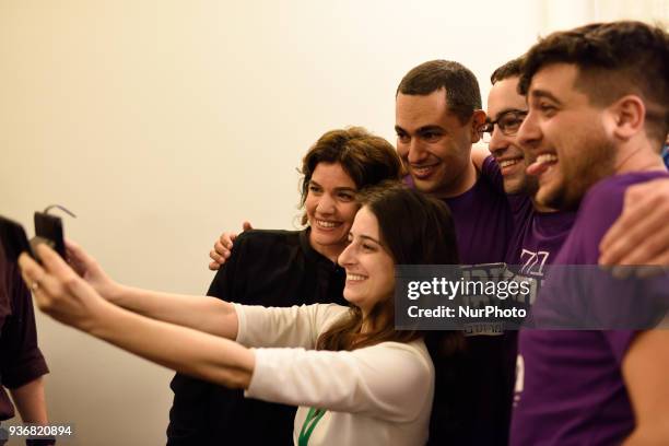 Tamar Zandberg, the new elected leader of Meretz Party, takes a selfie with supporters after being elected as the new party leader at a Meretz Party...