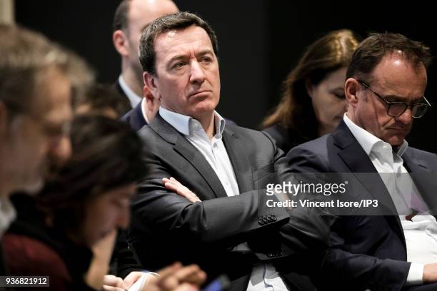 The journalist Francois Pesenti attends the SFR management press conference to presente the group's roadmap for the coming months, on March 20, 2018...
