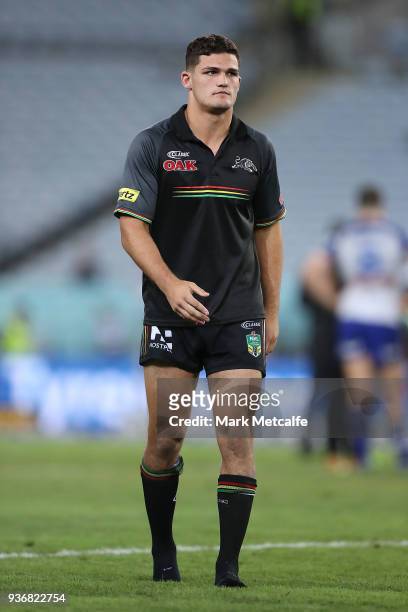 Nathan Cleary of the Panthers walks onto the field at the end of the match after being substituted with an injury during the round three NRL match...