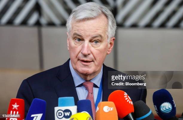 Michel Barnier, chief negotiator for the European Union , speaks to the media as he arrives for a summit of European Union leaders in the Europa...