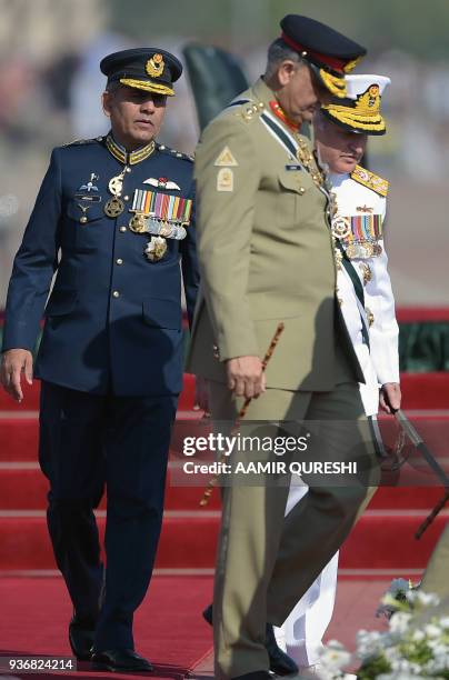 Pakistani Army Chief General Qamar Javed Bajwa , Pakistani Chief of Naval Staff Admiral Zafar Mahmood Abbasi and Pakistani Air Chief Marshal Mujahid...