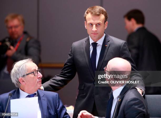 Commission President Jean-Claude Juncker, French President Emmanuel Macron and Belgium Prime Minister Charles Michel attend the second day of a...