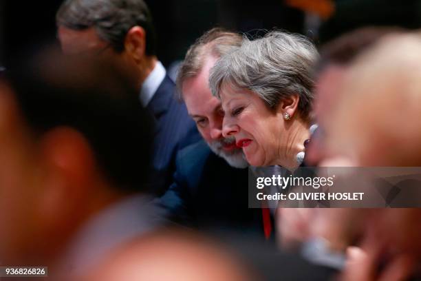 Britain's Prime minister Theresa May attends a meeting on the second day of a summit of European Union leaders at the European Council headquarter in...