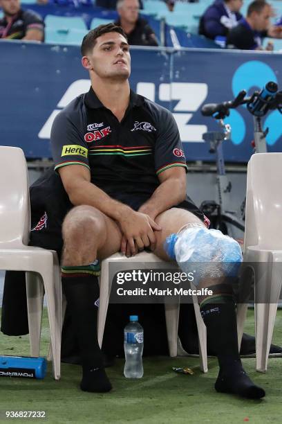 Nathan Cleary of the Panthers sits on the bench after being substituted with an injury during the round three NRL match between the Bulldogs and the...