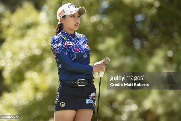 Miyuki Takeuchi watches her tee shot on the 2nd hole during the first round of the AXA Ladies Golf Tournament In Miyazaki at the UMK Country Club on...