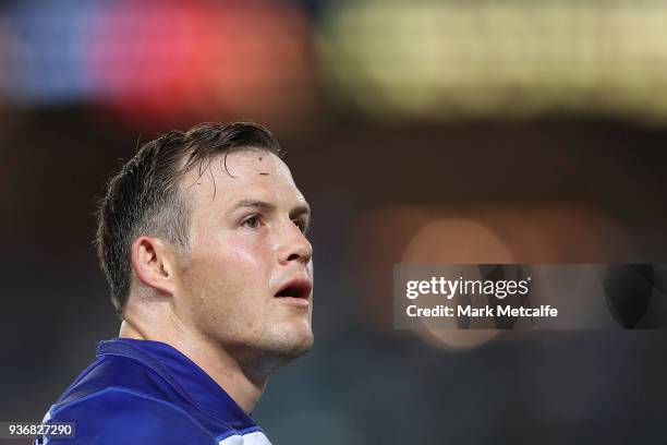 Josh Morris of the Bulldogs looks on during the round three NRL match between the Bulldogs and the Panthers at ANZ Stadium on March 23, 2018 in...