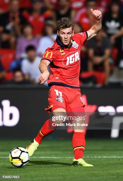 Johan Absalonsen of Adelaide United crosses during the round 24 A-League match between Adelaide United and the Newcastle Jets at Coopers Stadium on...