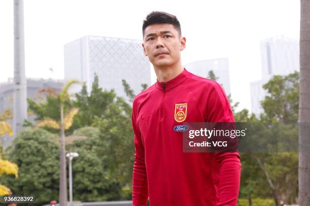 Zeng Cheng of China attends a training session ahead of the 2018 China Cup International Football Championship on March 23, 2018 in Nanning, Guangxi...