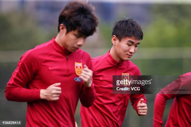 Wei Shihao of China attends a training session ahead of the 2018 China Cup International Football Championship on March 23, 2018 in Nanning, Guangxi...