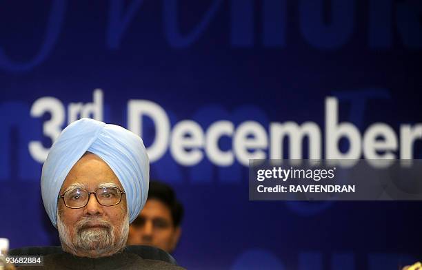 Indian Prime Minister Manmohan Singh attends the National Conference of Jawaharlal Nehru Urban Renewal Mission in New Delhi on December 3, 2009....