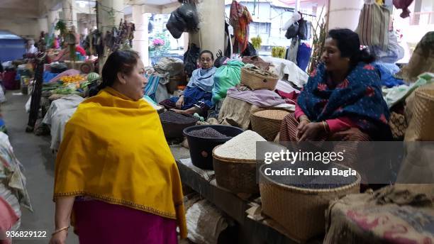 Stallholder displays and sells rice in a marketplace on March 17, 2018 in Imphal, Manipur, India. In this northeastern tip of India in the state of...