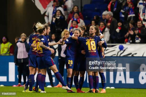 Elise Bussaglia of FC Barcelona Women, Fabiana da Silva Simoes of FC Barcelona Women, Lieke Martens of FC Barcelona Women, celebrate the 1-1 during...