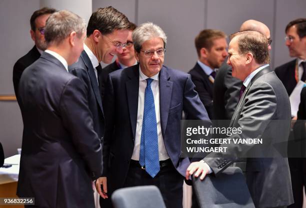 Netherland's Prime minister Mark Rutte, Italy's Prime minister Paolo Gentiloni and Sweden's Prime minister Stefan Lofven attend a meeting on the...