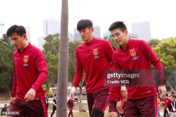 Players of China attend a training session ahead of the 2018 China Cup International Football Championship on March 23, 2018 in Nanning, Guangxi...