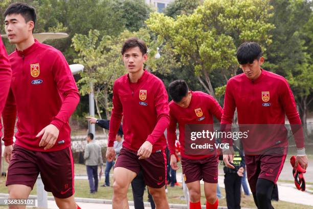 Players of China attend a training session ahead of the 2018 China Cup International Football Championship on March 23, 2018 in Nanning, Guangxi...