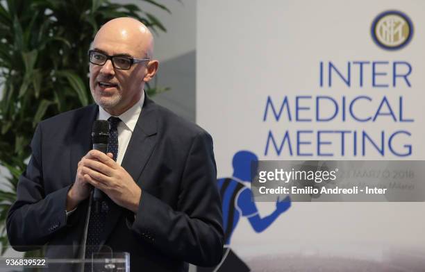 Lega Calcio Serie A General Director Marco Brunelli delivers a speech during FC Internazionale Medical Meeting on March 23, 2018 in Milan, Italy.