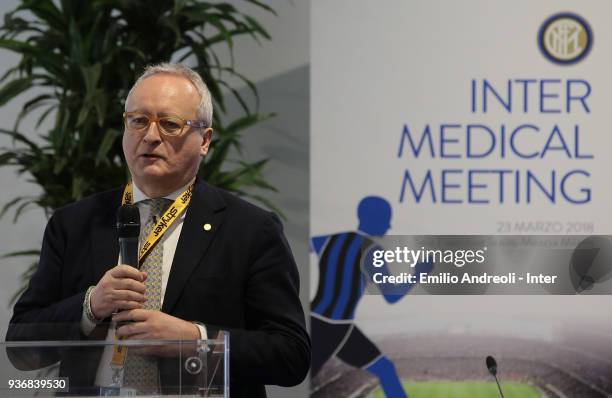 Fmsi President Maurizio Casasco delivers a speech during FC Internazionale Medical Meeting on March 23, 2018 in Milan, Italy.