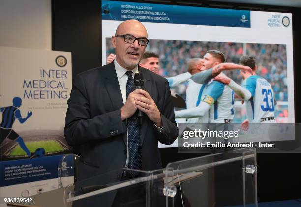 Lega Calcio Serie A General Director Marco Brunelli delivers a speech during FC Internazionale Medical Meeting on March 23, 2018 in Milan, Italy.