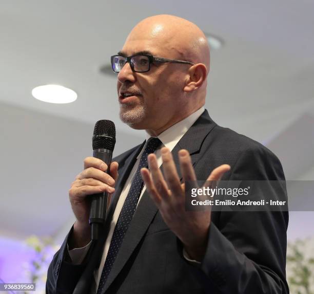 Lega Calcio Serie A General Director Marco Brunelli delivers a speech during FC Internazionale Medical Meeting on March 23, 2018 in Milan, Italy.