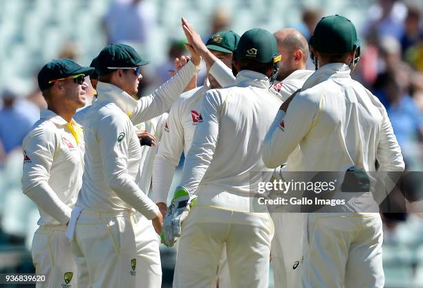 Nathan Lyon of Australia celebrate the wicket of Kagiso Rabada of South Africa during day 2 of the 3rd Sunfoil Test match between South Africa and...