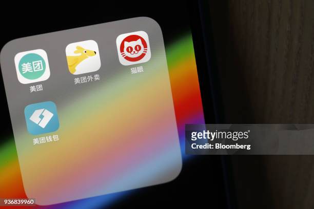 Meituan Dianping application icons Meituan, clockwise from left, Meituan Waimai, Maoyan and Meituan Wallet are displayed on an Apple Inc. IPhone in...