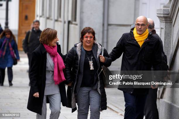 Catalan leaders Carme Forcadell, Dolors Bassa and Raul Romeva arrive to the Supreme Court on March 23, 2018 in Madrid, Spain. A judge of the Supreme...