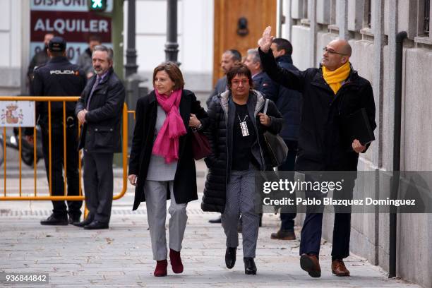 Catalan leaders Carme Forcadell, Dolors Bassa and Raul Romeva arrive to the Supreme Court on March 23, 2018 in Madrid, Spain. A judge of the Supreme...