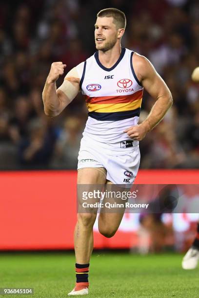 Bryce Gibbs of the Crows celebrates kicking a goal during the round one AFL match between the Essendon Bombers and the Adelaide Crows at Etihad...